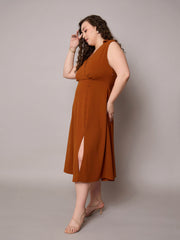Women Rust Sleeveless Side Slit Midi Dress-SFDRSS13036
