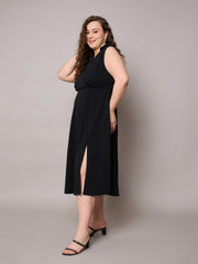 Women Black Sleeveless Side Slit Midi Dress-SFDRSS13037