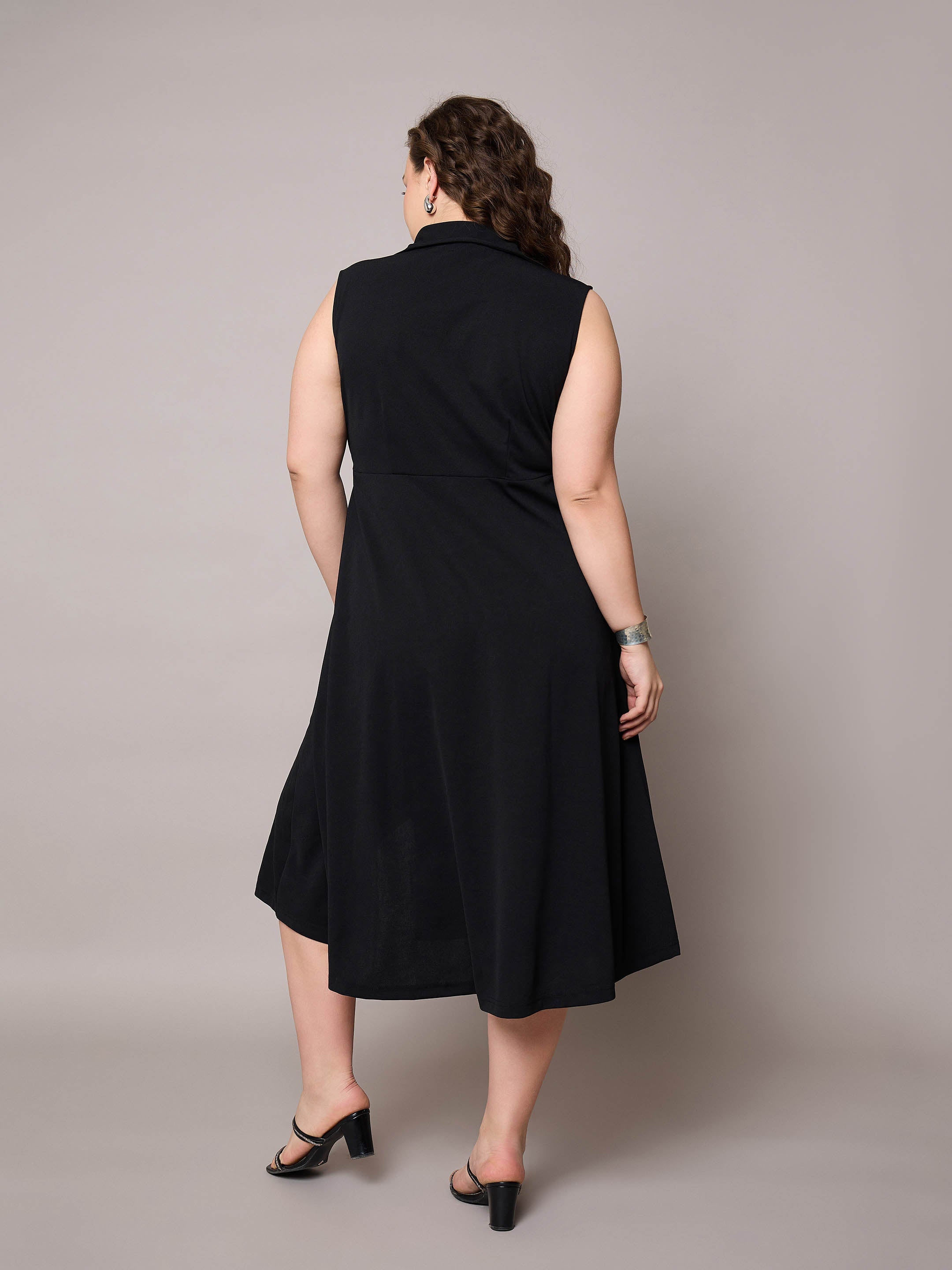 Women Black Sleeveless Side Slit Midi Dress-SFDRSS13037