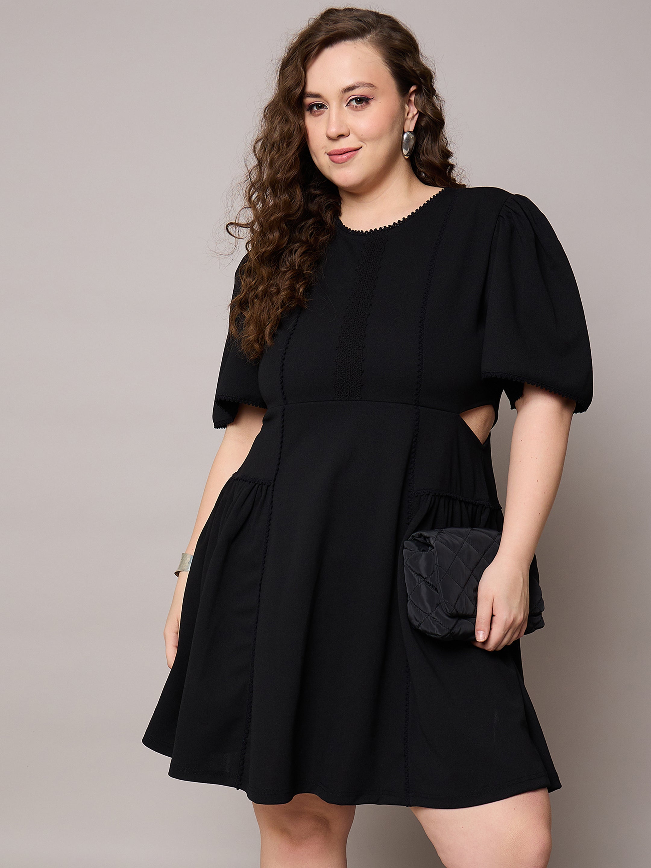 Women Black Side Cut Out Frill Sleeves Dress-SFDRSS13038