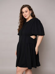 Women Black Side Cut Out Frill Sleeves Dress-SFDRSS13038