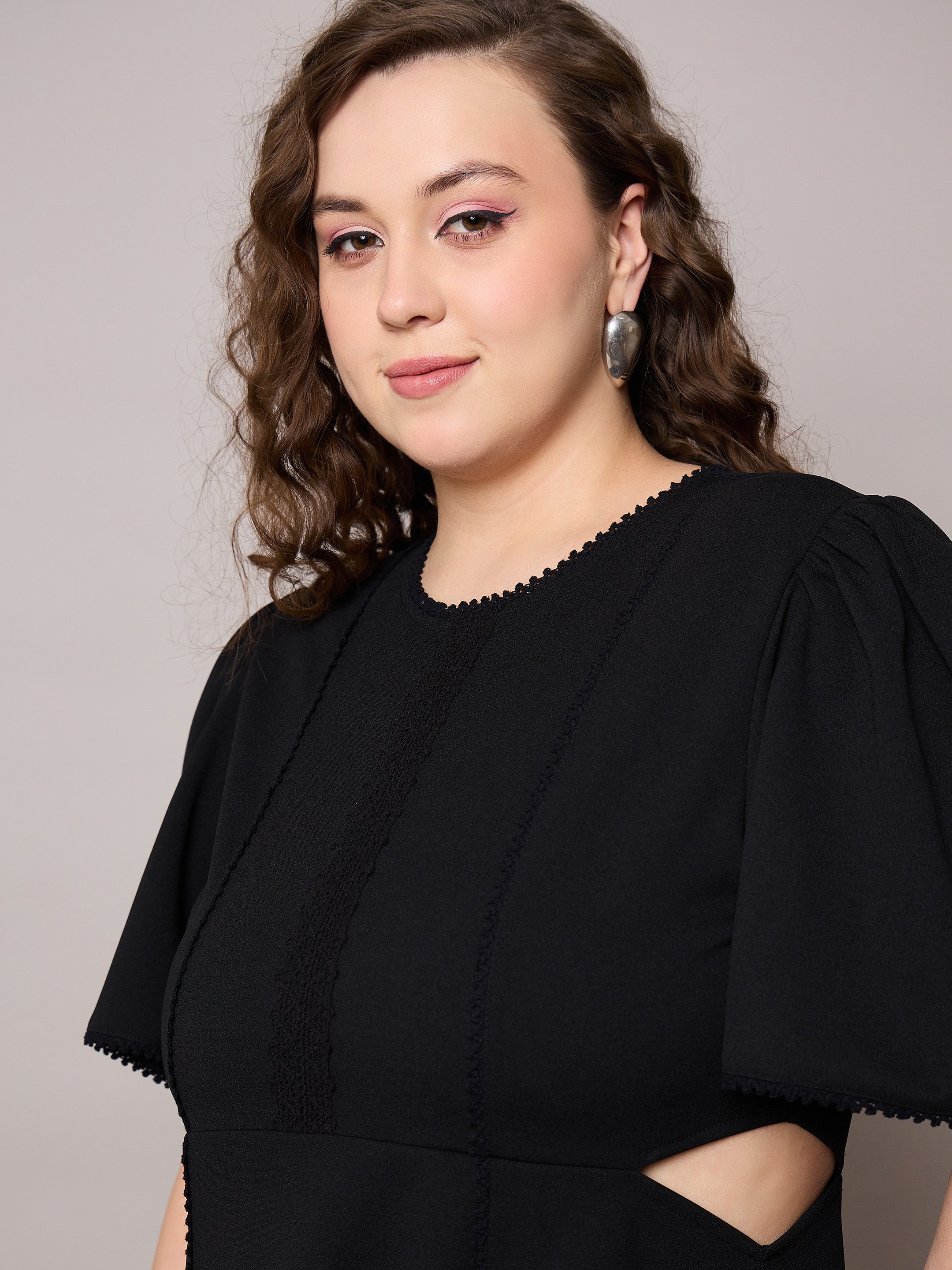 Women Black Side Cut Out Frill Sleeves Dress-SFDRSS13038