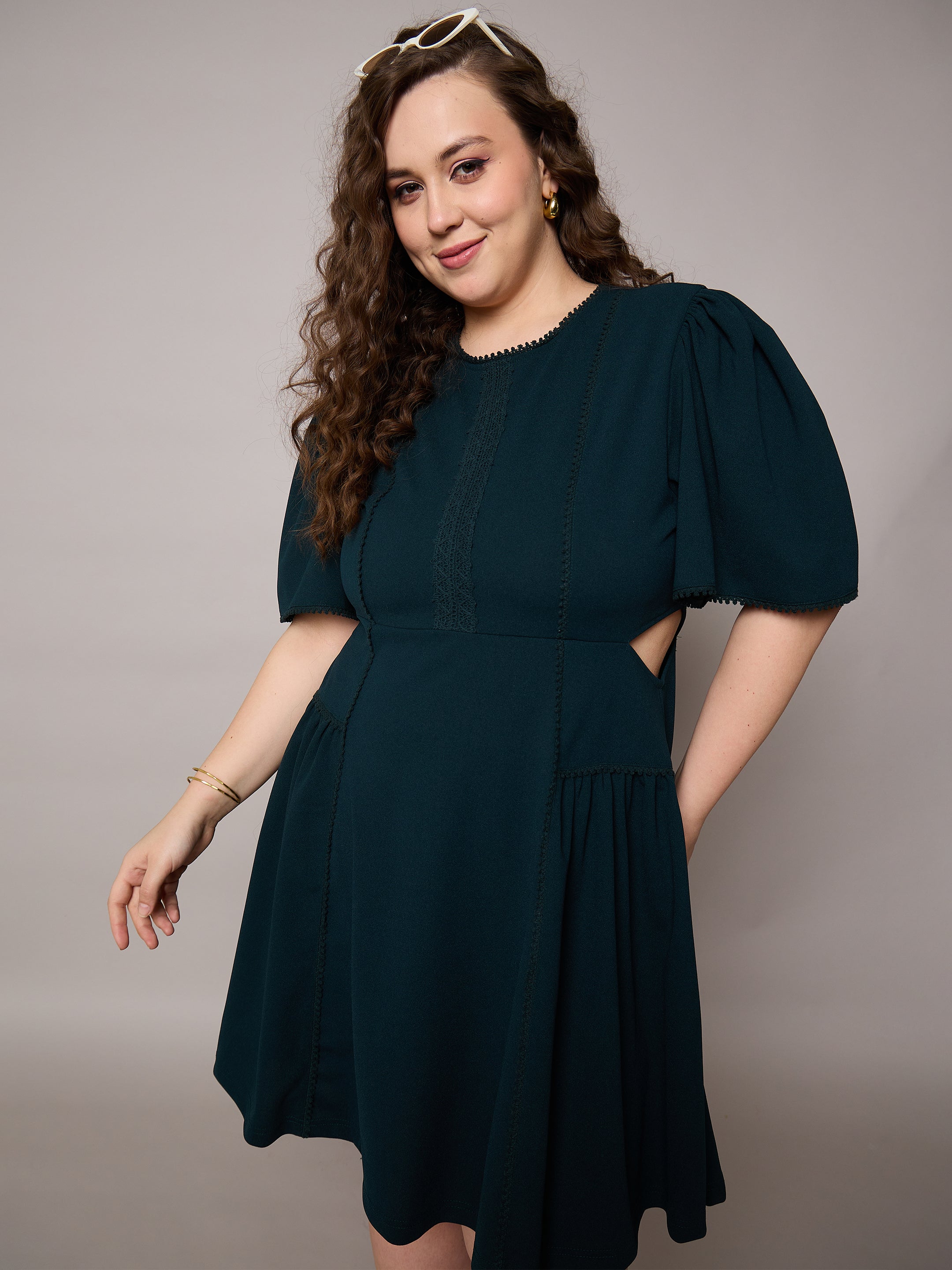 Women Emerald Green Side Cut Out Frill Sleeves Dress-SFDRSS13039