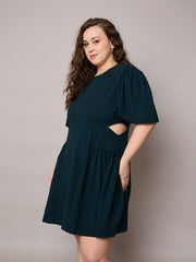 Women Emerald Green Side Cut Out Frill Sleeves Dress-SFDRSS13039