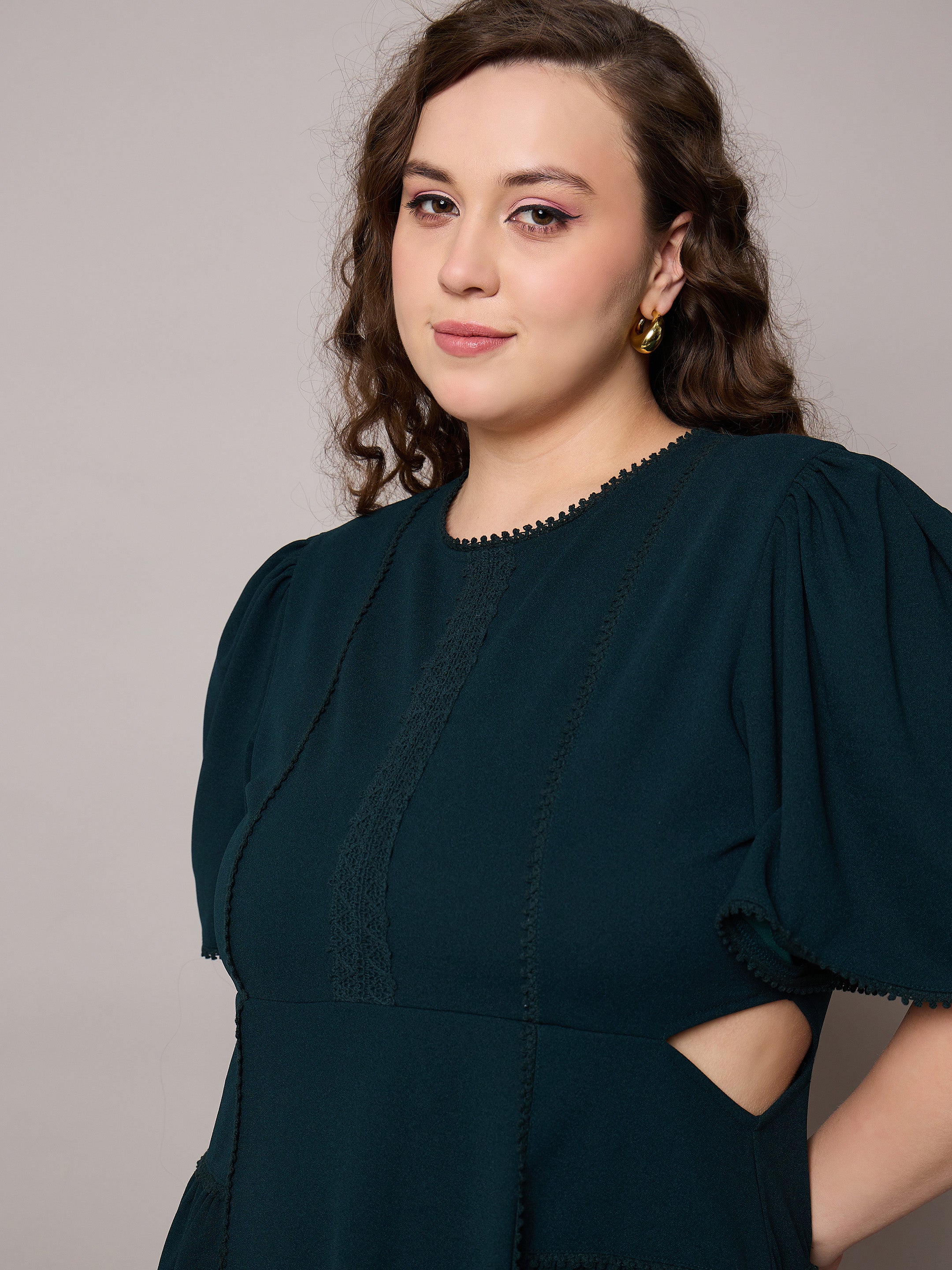 Women Emerald Green Side Cut Out Frill Sleeves Dress-SFDRSS13039