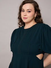 Women Emerald Green Side Cut Out Frill Sleeves Dress-SFDRSS13039