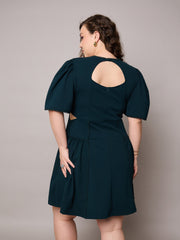 Women Emerald Green Side Cut Out Frill Sleeves Dress-SFDRSS13039