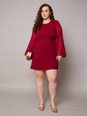 Women Maroon Pleated Sleeves Straight Fit Dress-SFDRSS13040