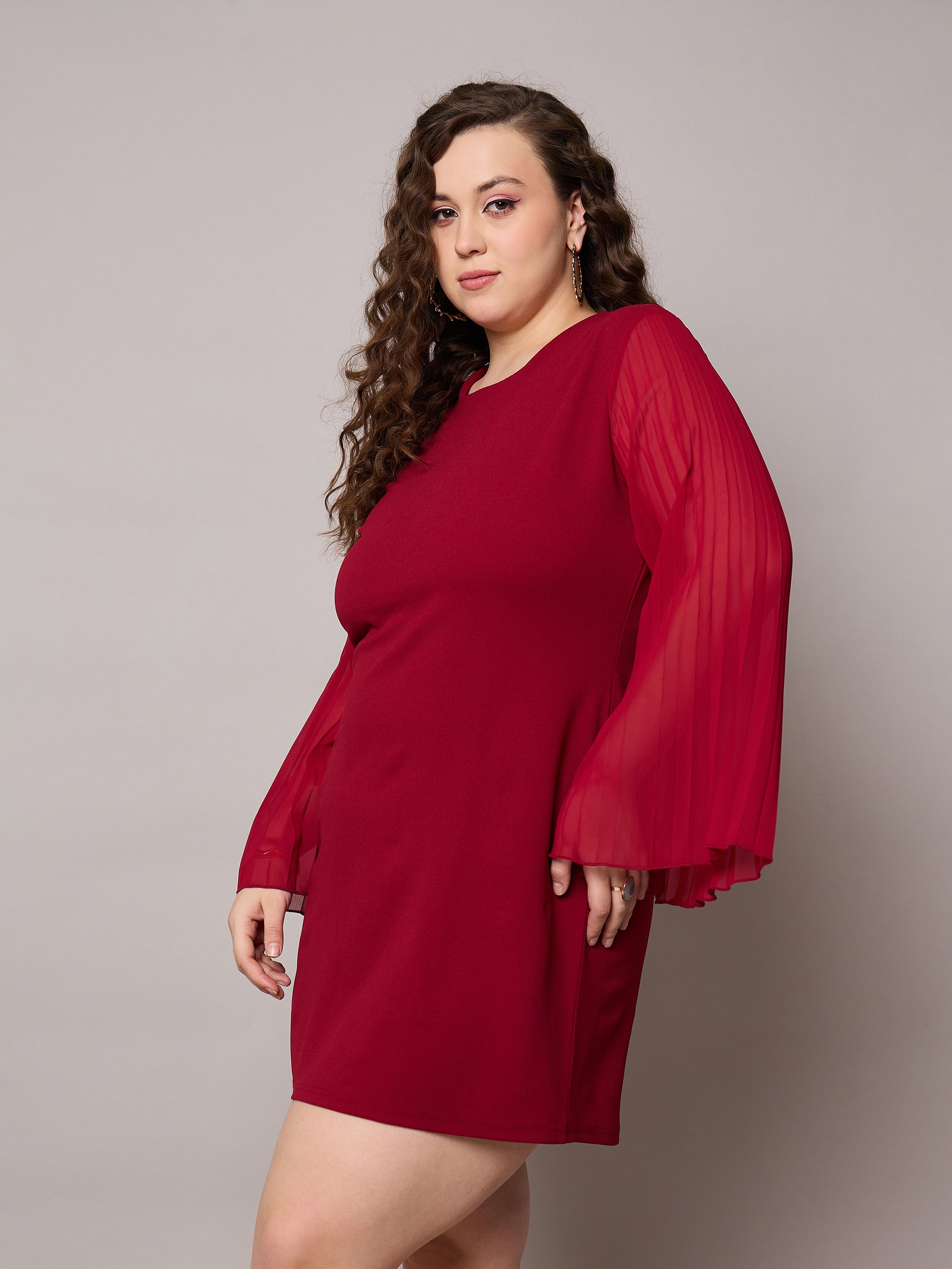 Women Maroon Pleated Sleeves Straight Fit Dress-SFDRSS13040
