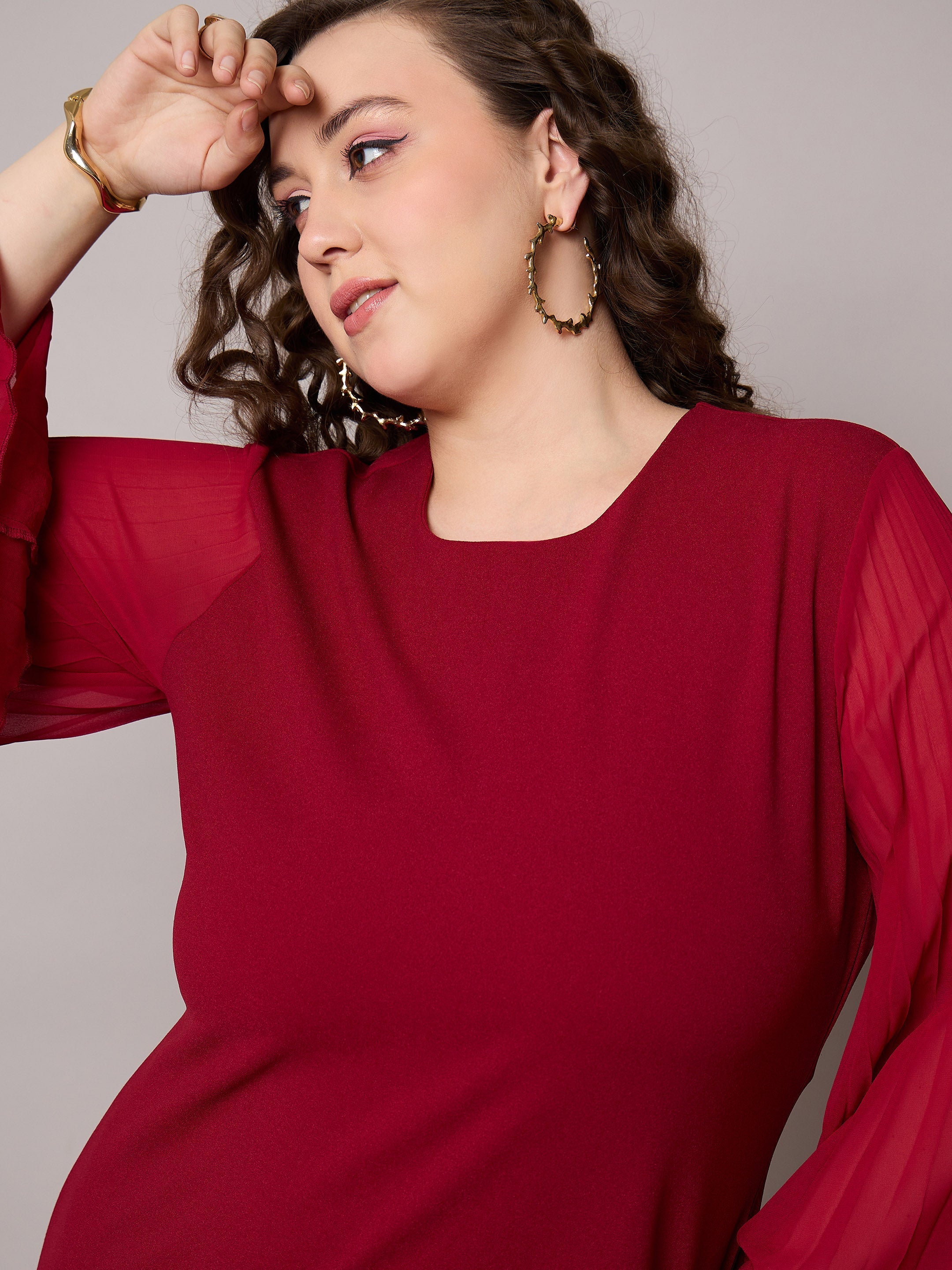 Women Maroon Pleated Sleeves Straight Fit Dress-SFDRSS13040
