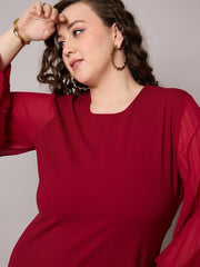 Women Maroon Pleated Sleeves Straight Fit Dress-SFDRSS13040