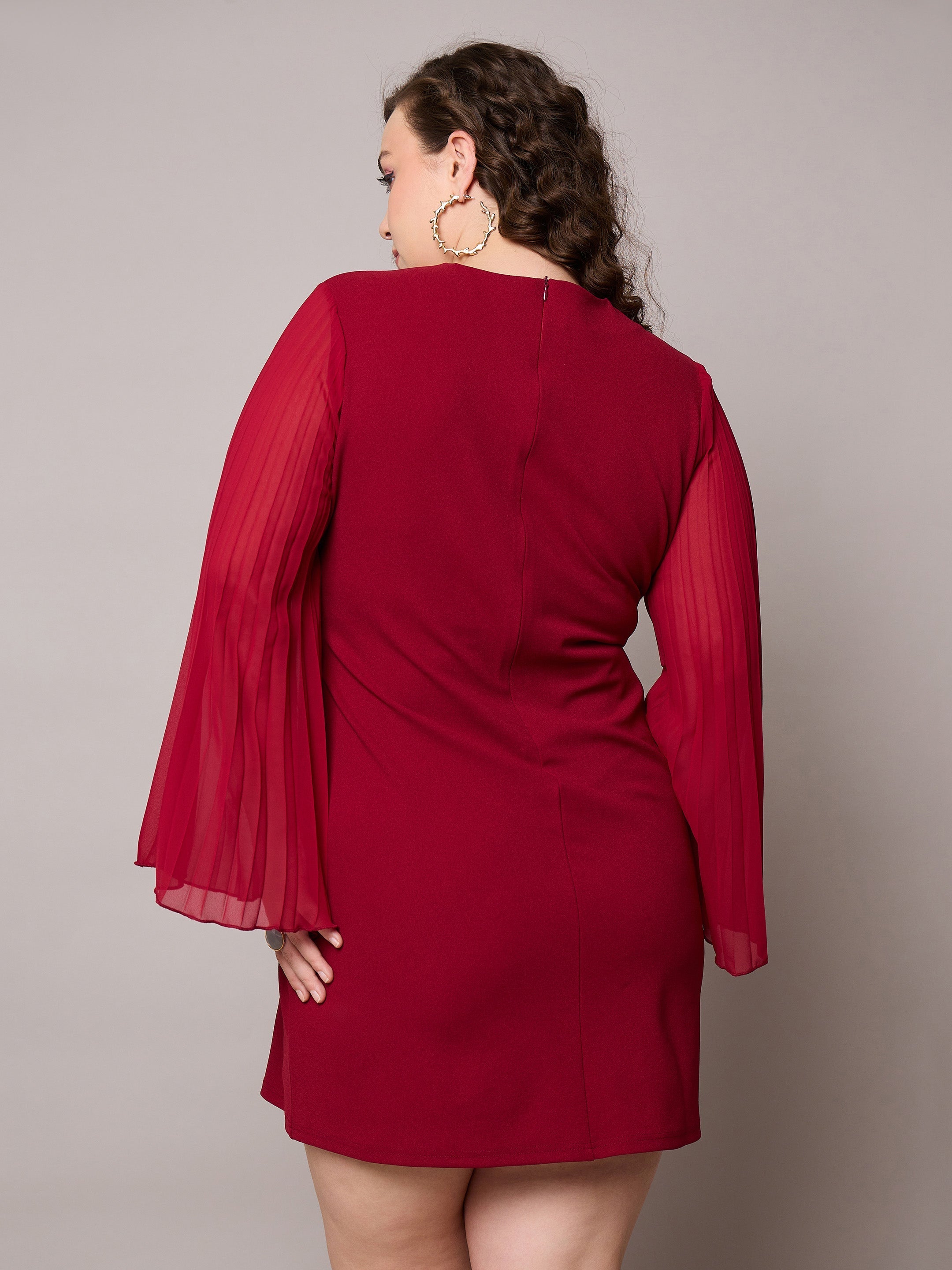 Women Maroon Pleated Sleeves Straight Fit Dress-SFDRSS13040