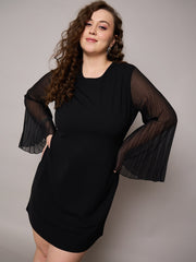 Women Black Pleated Sleeves Straight Fit Dress-SFDRSS13041