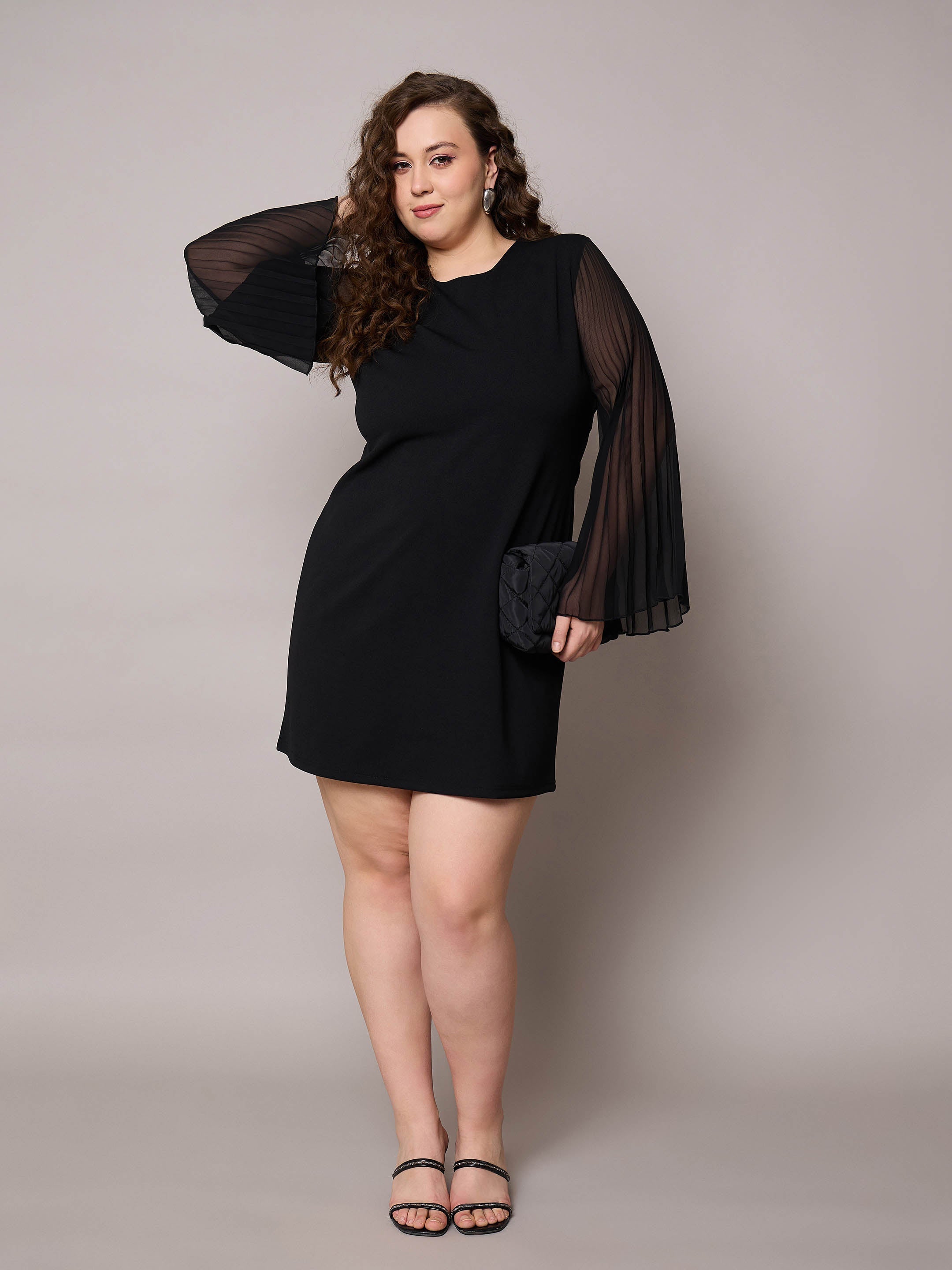 Women Black Pleated Sleeves Straight Fit Dress-SFDRSS13041