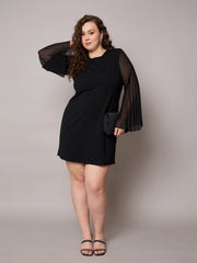 Women Black Pleated Sleeves Straight Fit Dress-SFDRSS13041
