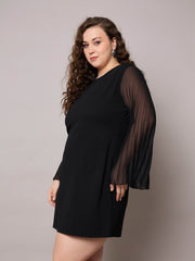 Women Black Pleated Sleeves Straight Fit Dress-SFDRSS13041