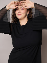 Women Black Pleated Sleeves Straight Fit Dress-SFDRSS13041