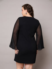 Women Black Pleated Sleeves Straight Fit Dress-SFDRSS13041