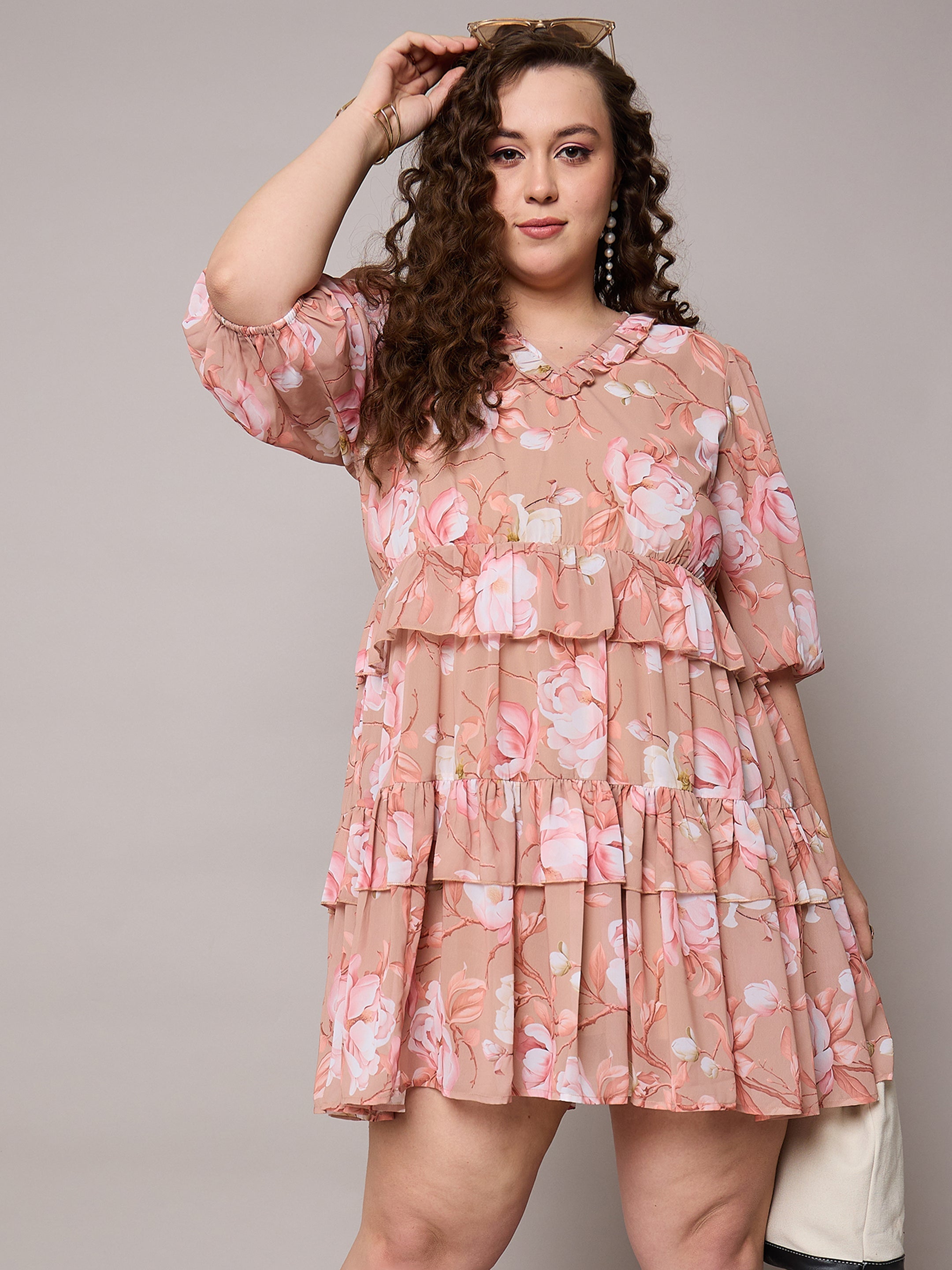 Women Brown Floral Short Tiered Dress-SFDRSS13042