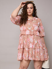 Women Brown Floral Short Tiered Dress-SFDRSS13042