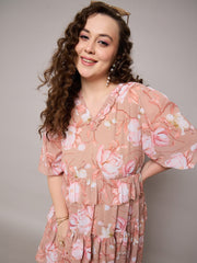 Women Brown Floral Short Tiered Dress-SFDRSS13042