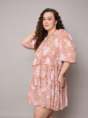 Women Brown Floral Short Tiered Dress-SFDRSS13042
