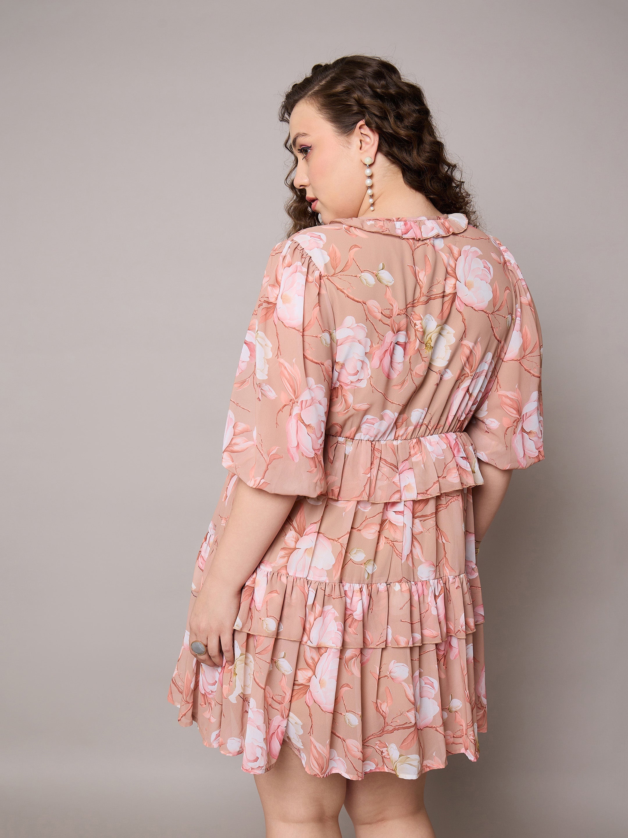 Women Brown Floral Short Tiered Dress-SFDRSS13042