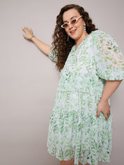 Women Green Floral Short Tiered Dress-SFDRSS13043
