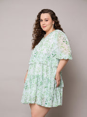 Women Green Floral Short Tiered Dress-SFDRSS13043