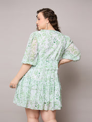 Women Green Floral Short Tiered Dress-SFDRSS13043