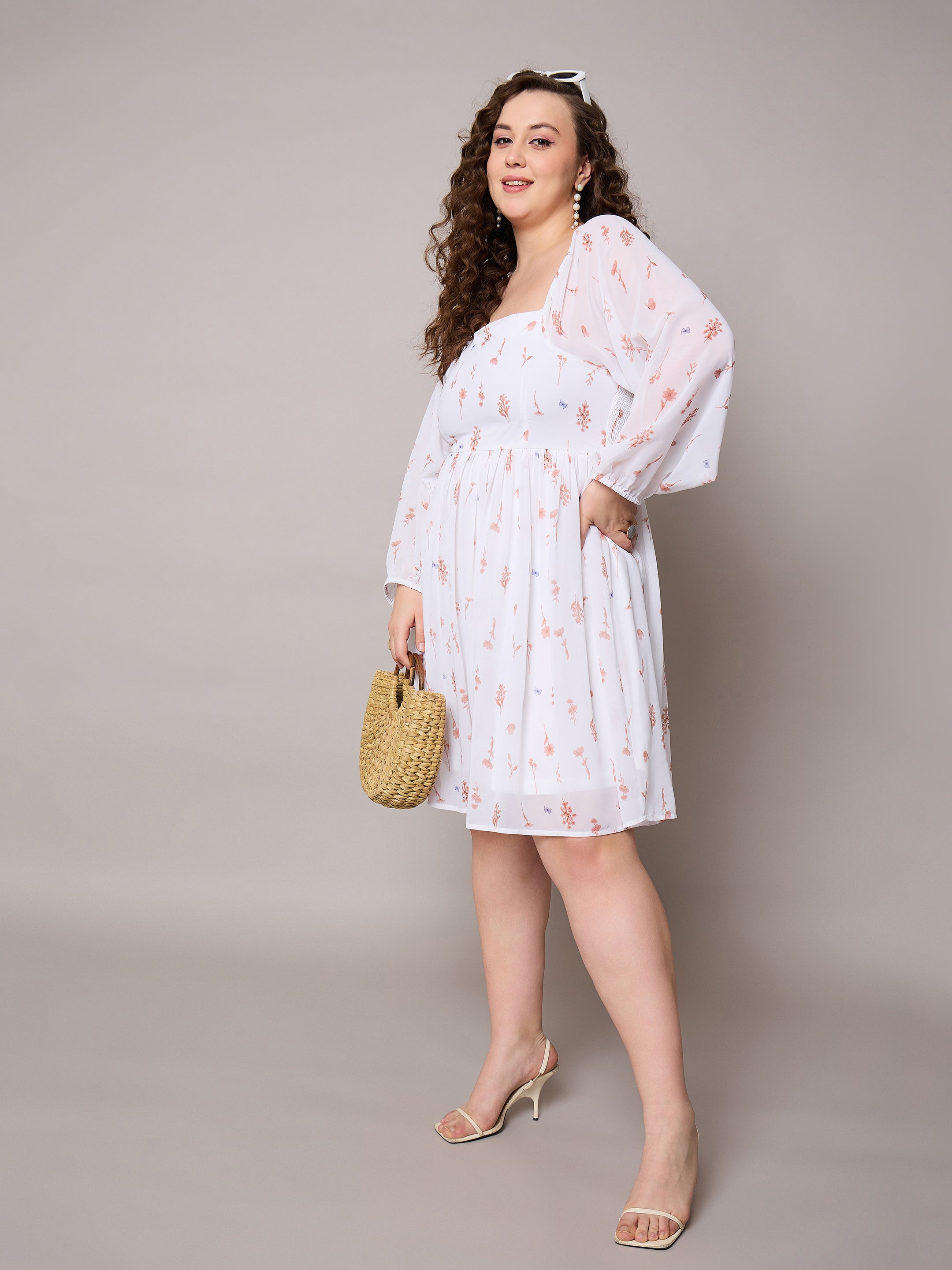 Women Brown Floral Square Neck Short Skater Dress-SFDRSS13044