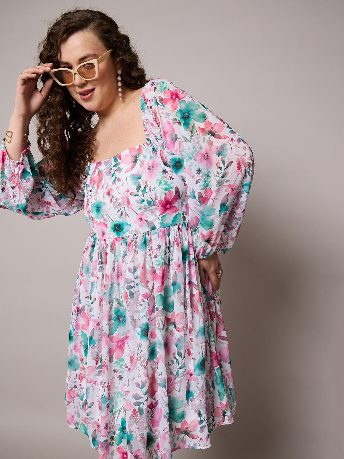 Women Pink Floral Square Neck Short Skater Dress-SFDRSS13045