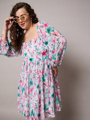 Women Pink Floral Square Neck Short Skater Dress-SFDRSS13045