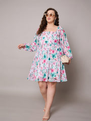 Women Pink Floral Square Neck Short Skater Dress-SFDRSS13045