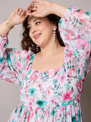 Women Pink Floral Square Neck Short Skater Dress-SFDRSS13045