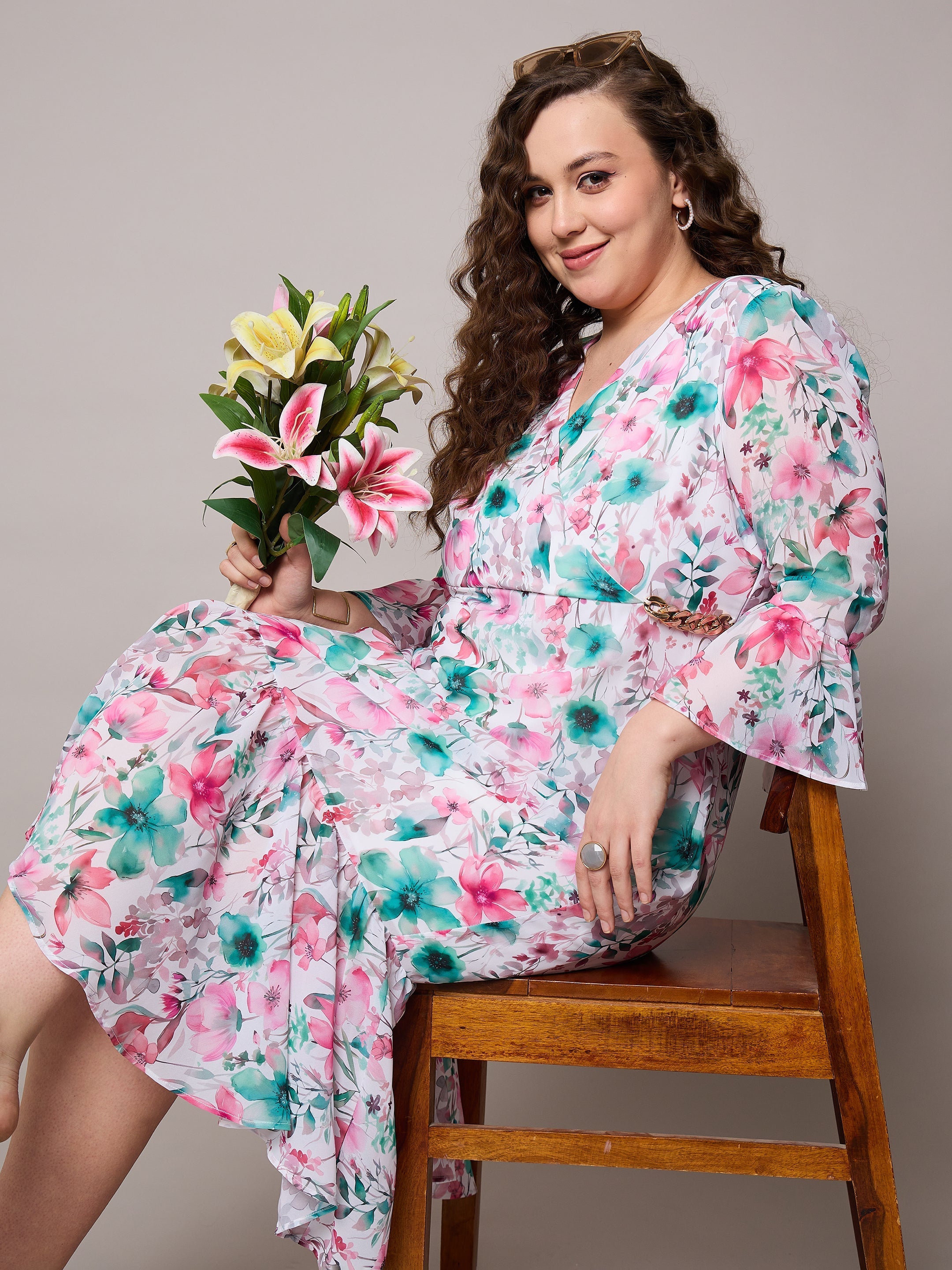Women Pink Floral Frill Hem Midi Dress-SFDRSS13047