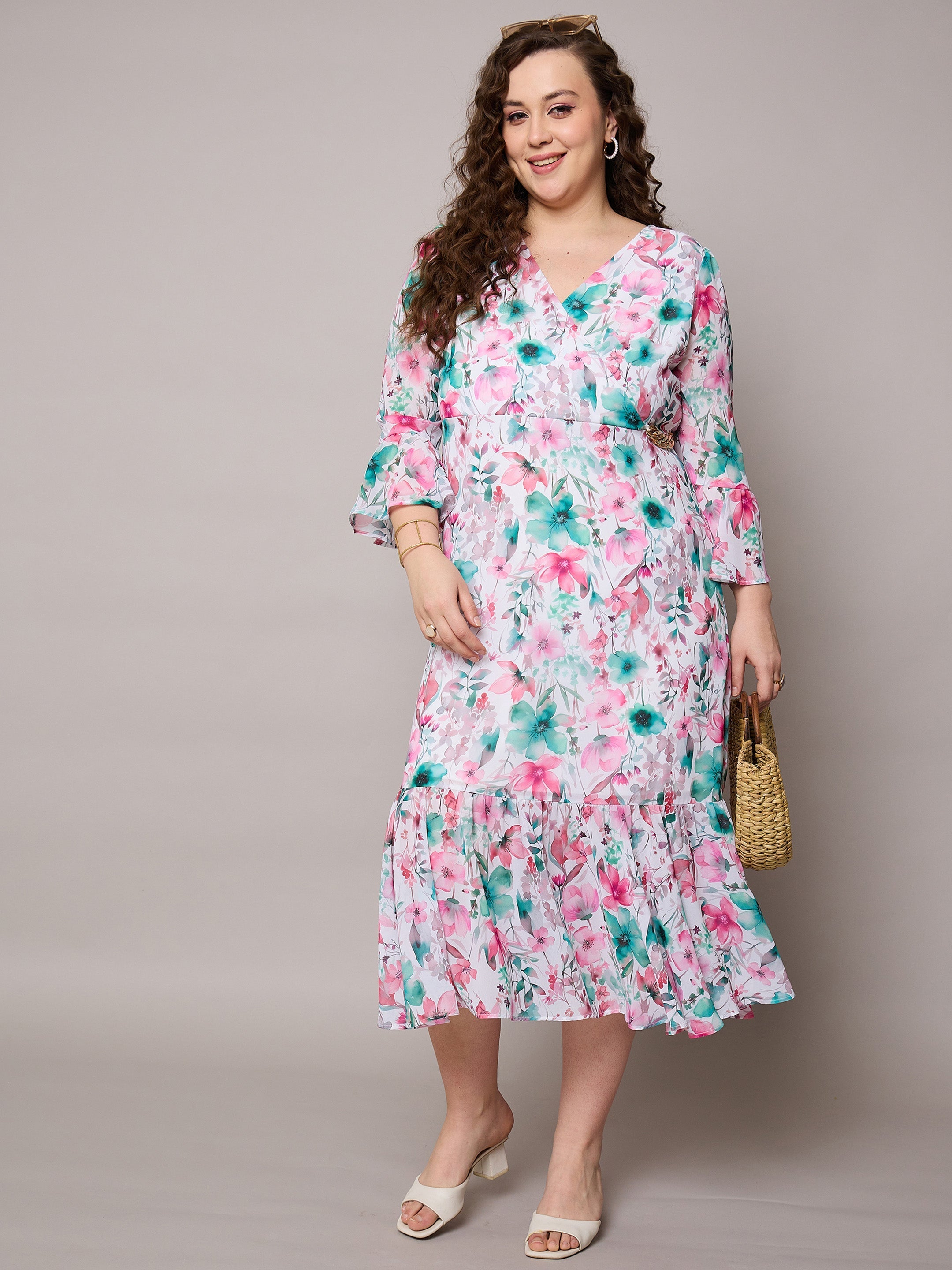 Women Pink Floral Frill Hem Midi Dress-SFDRSS13047