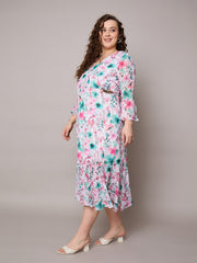 Women Pink Floral Frill Hem Midi Dress-SFDRSS13047