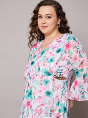 Women Pink Floral Frill Hem Midi Dress-SFDRSS13047