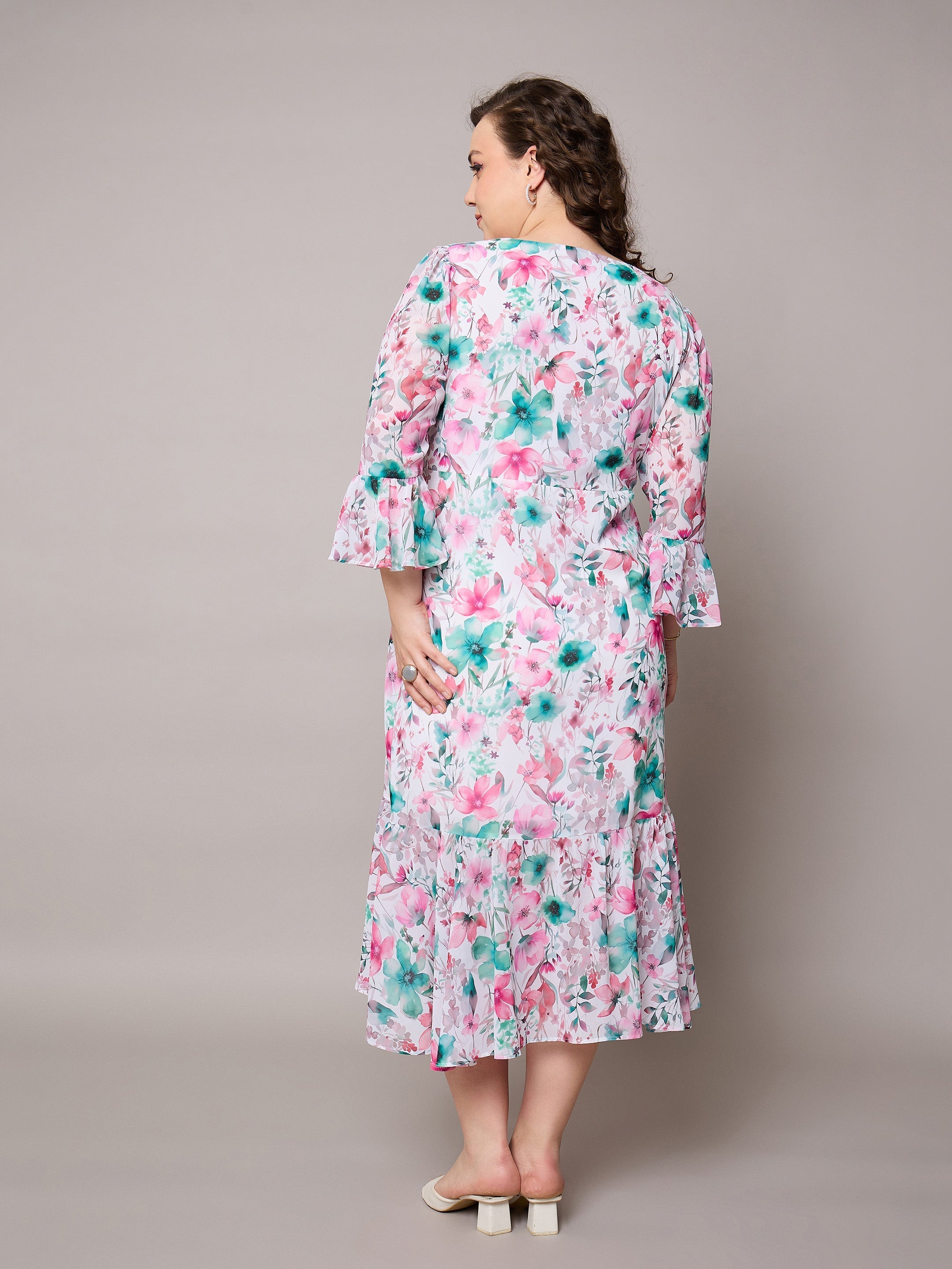 Women Pink Floral Frill Hem Midi Dress-SFDRSS13047