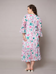 Women Pink Floral Frill Hem Midi Dress-SFDRSS13047