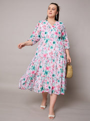 Women Pink Floral Wrap Neck Tiered Midi Dress-SFDRSS13050