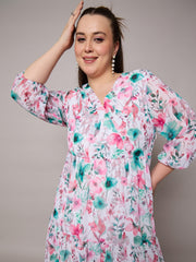 Women Pink Floral Wrap Neck Tiered Midi Dress-SFDRSS13050