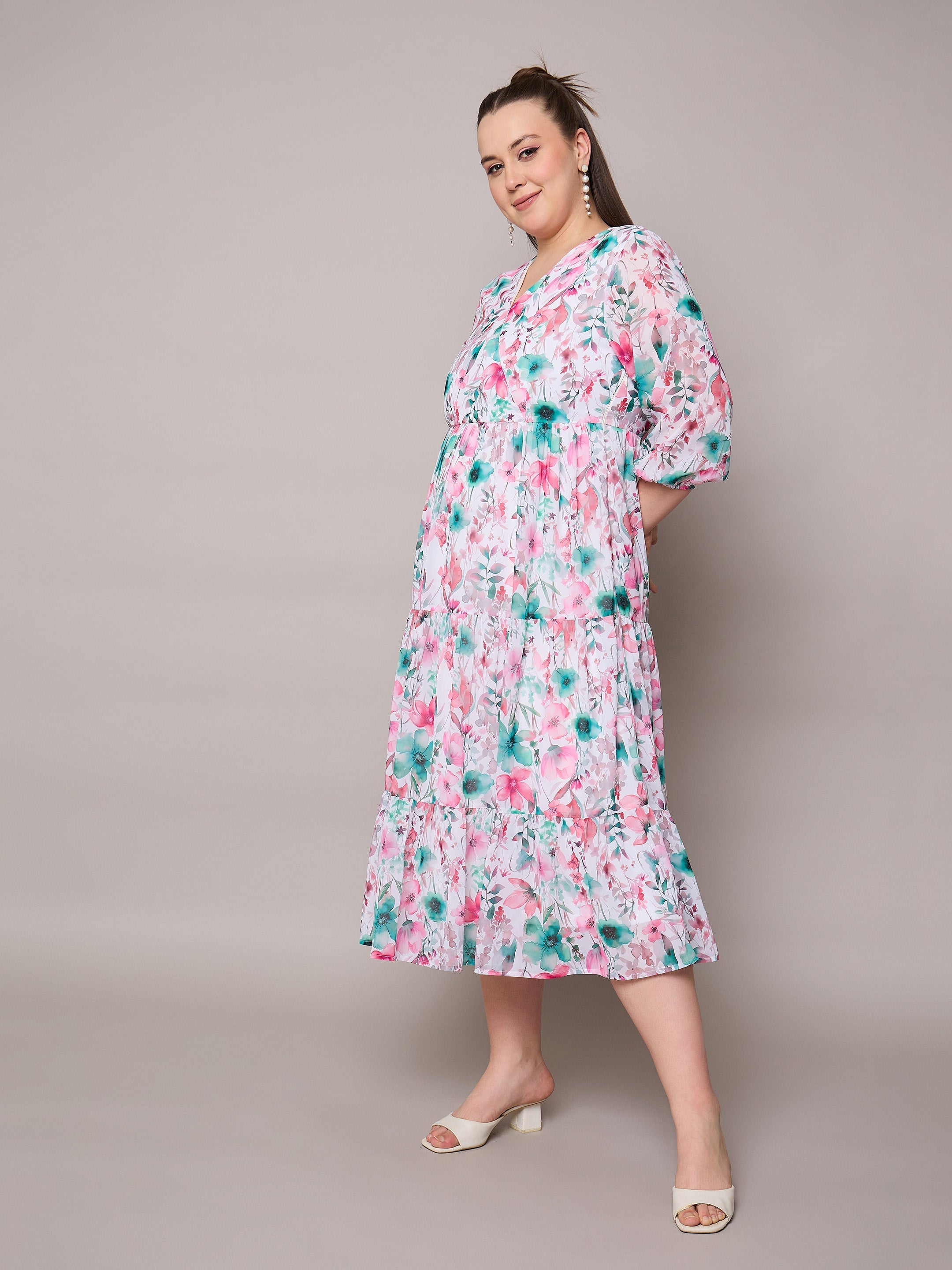 Women Pink Floral Wrap Neck Tiered Midi Dress-SFDRSS13050