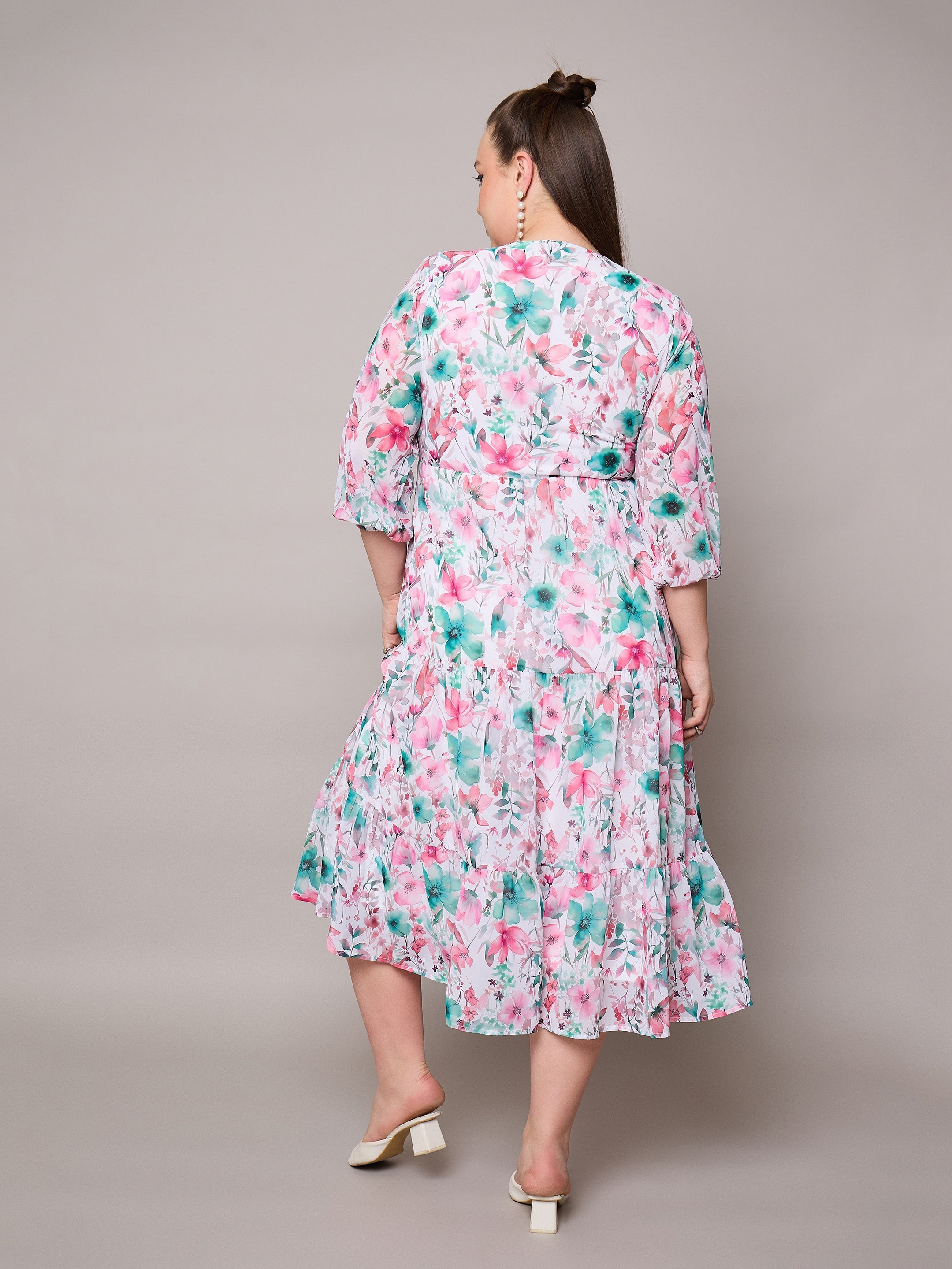 Women Pink Floral Wrap Neck Tiered Midi Dress-SFDRSS13050
