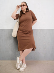 Women Brown Polo Neck Side Slit Midi Dress-SFDRSS13052