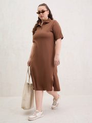 Women Brown Polo Neck Side Slit Midi Dress-SFDRSS13052