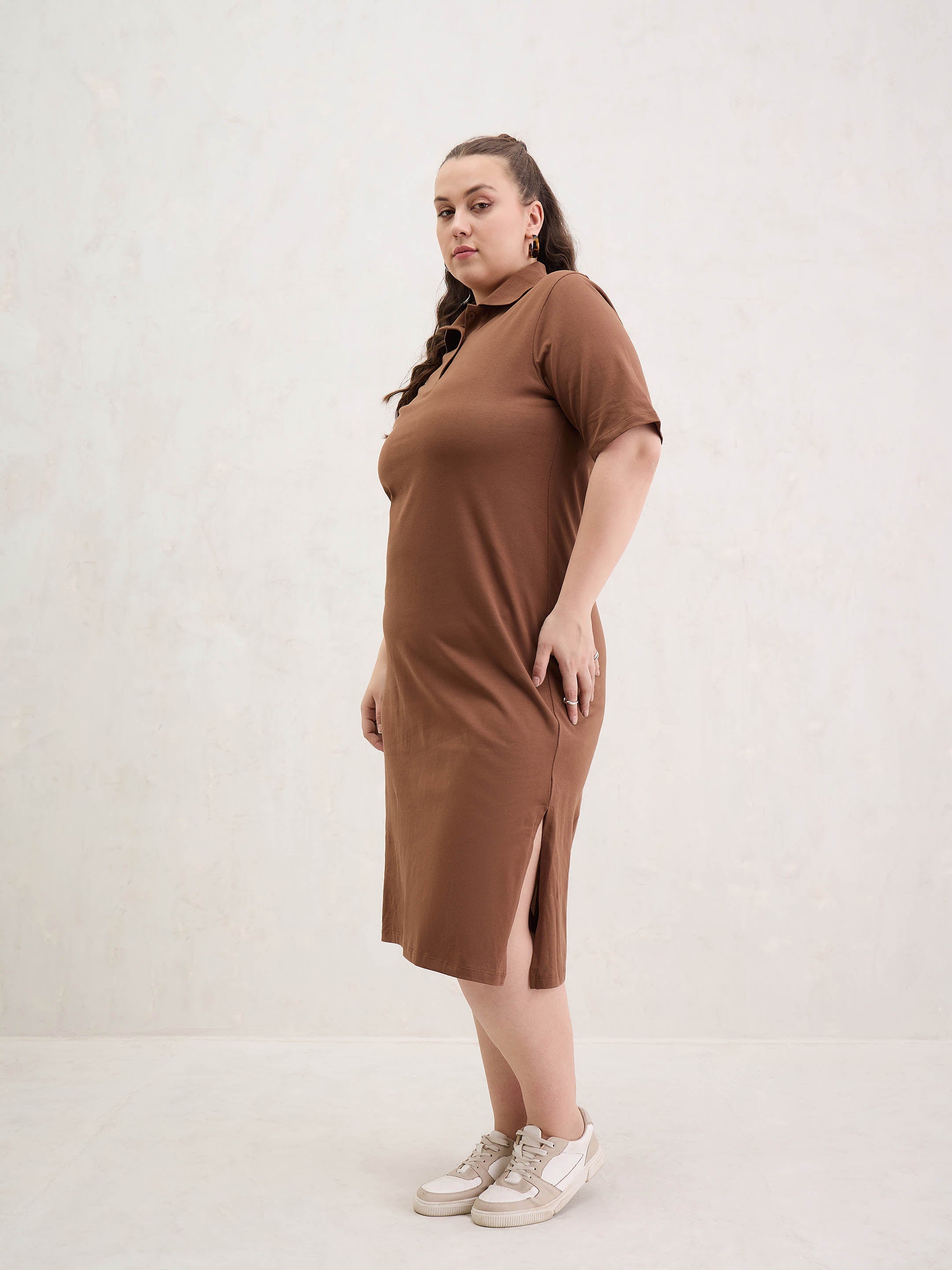 Women Brown Polo Neck Side Slit Midi Dress-SFDRSS13052