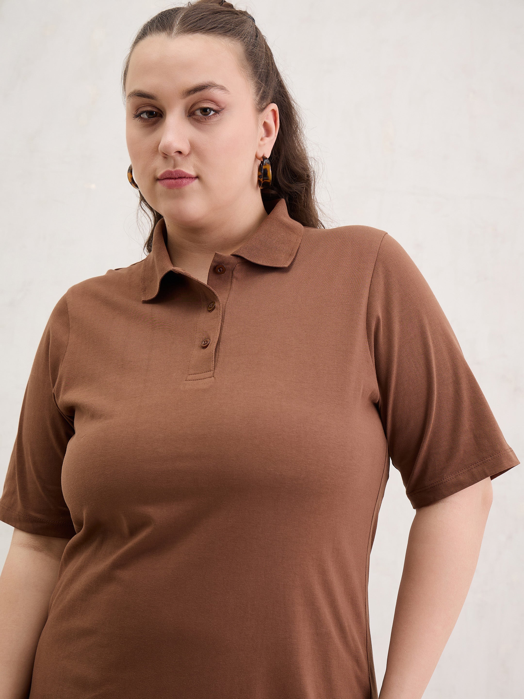 Women Brown Polo Neck Side Slit Midi Dress-SFDRSS13052
