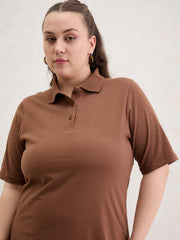 Women Brown Polo Neck Side Slit Midi Dress-SFDRSS13052